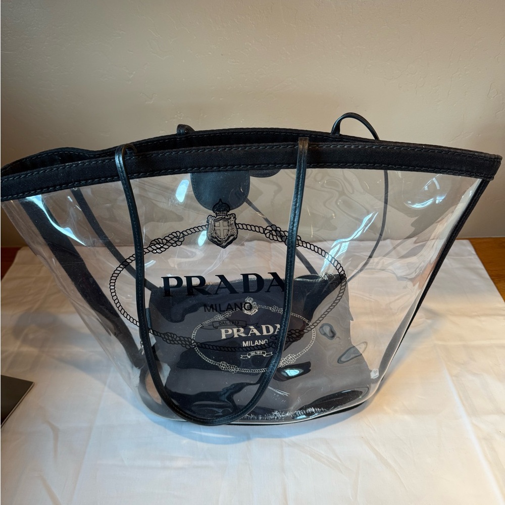 Prada Clear PVC Tote Bag with Black Trim & Pouch – Medium